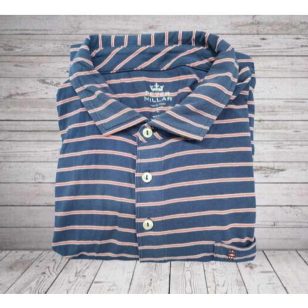Peter Millar Blue Polo with Pink Stripes